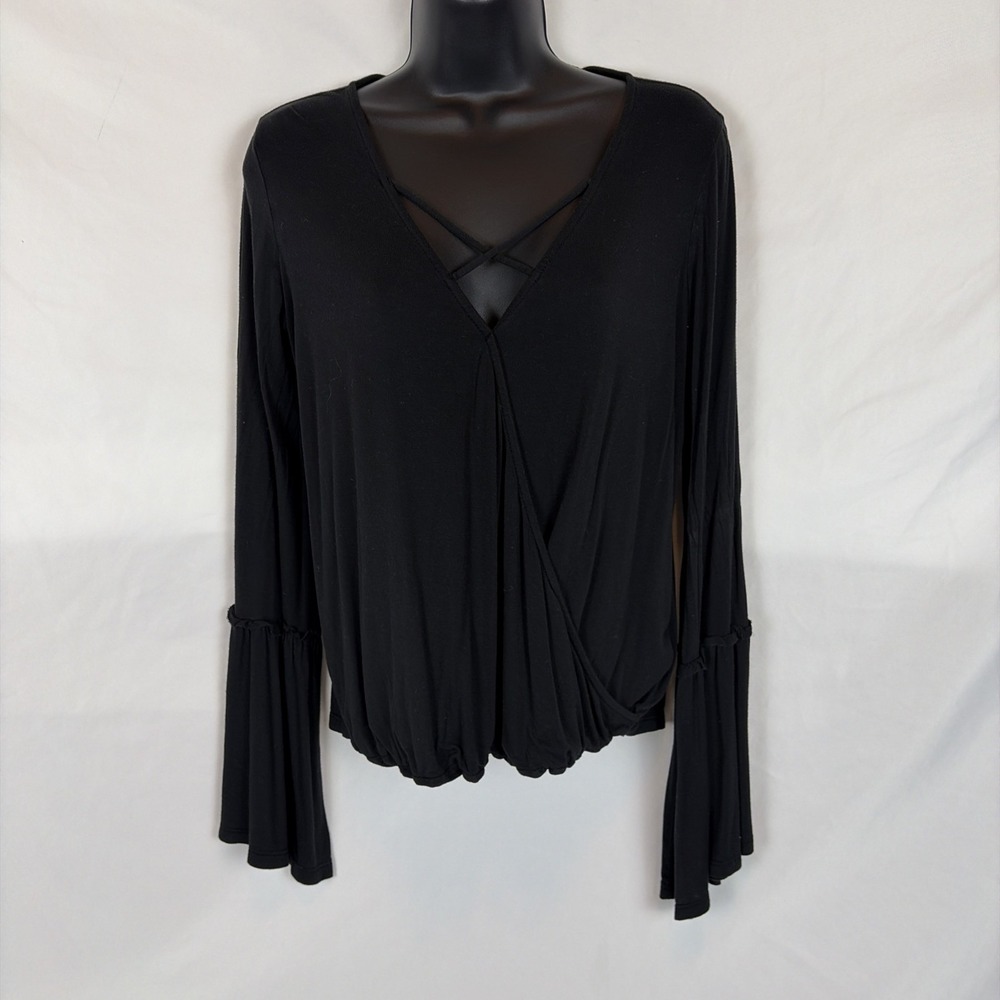 American Eagle Soft and Sexy Black Criss Cross V Neck Wrap Bell Sleeve Top S